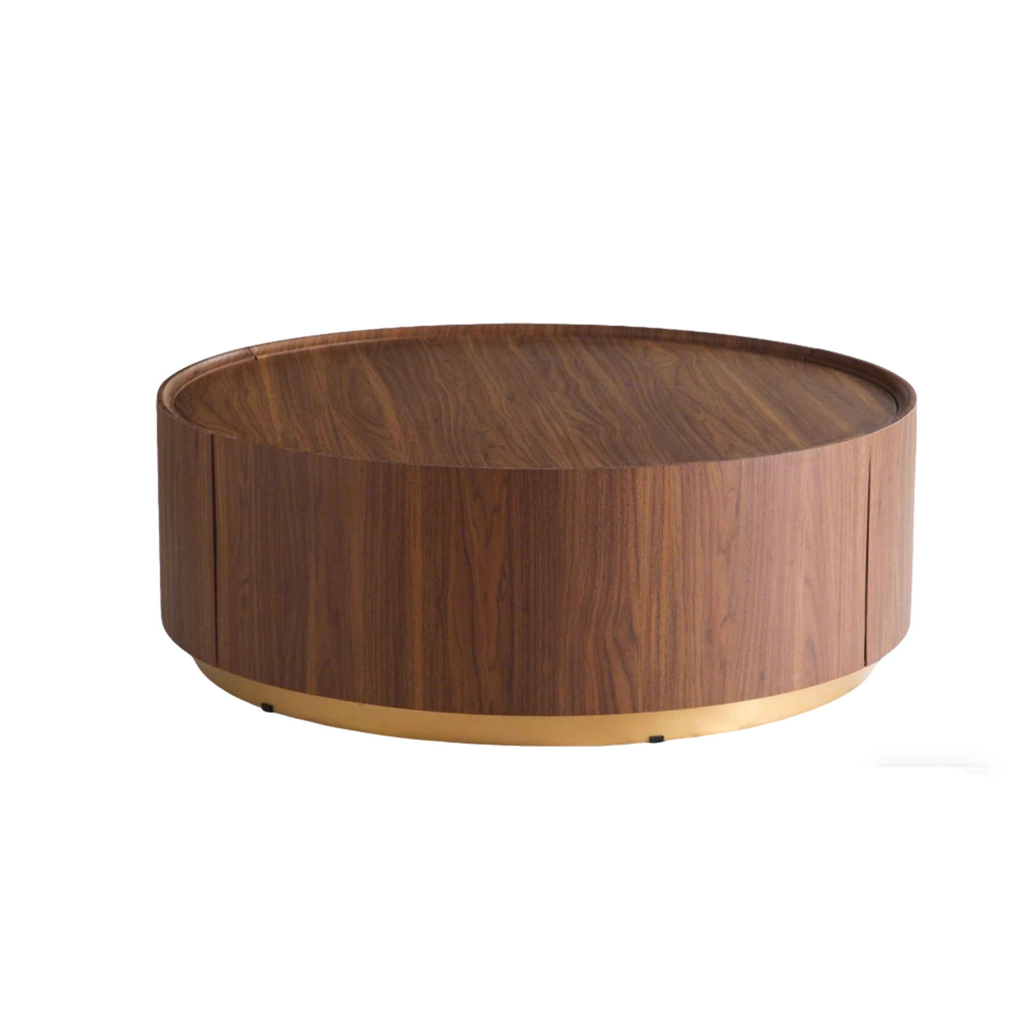 Leumius Modern Round Coffee Table with 2 Hidden Storage Drawers, Walnut Wood Finish Drum Circle Coffee Table with Storage for Living Room Bedroom