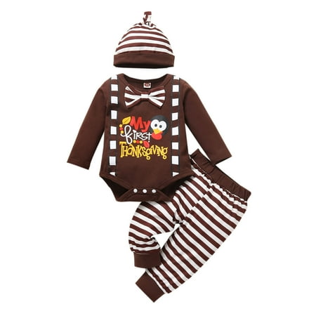 

Boys Girls Thanksgiving Day Long Sleeve Cartoon Printed Romper Bodysuits Pants Hat Outfits