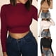 thumbnail image 1 of pure color de las mujeres casual cuello redondo fondo de manga larga camisa señoras alta elasticidad crop topspangjing, 1 of 3
