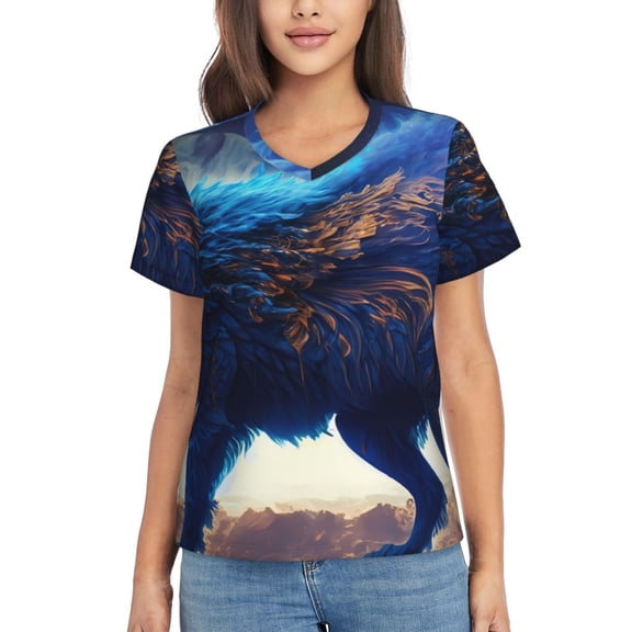 Xecao Moonlit Blue Wolf for Women's V-Neck T-Shirts-Elegant Half-Sleeve Tops Perfect for Summer-Small