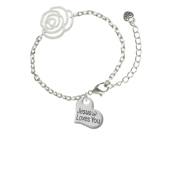 Delight Jewelry Silvertone Large Jesus Loves You Heart Silver-tone Flower Link Chain Bracelet, 6.75" 2" Extender