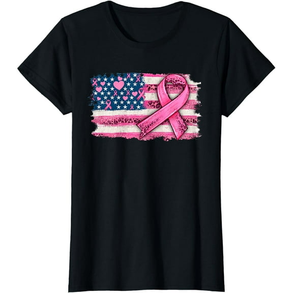 American Flag Pink Ribbon Breast Cancer Awareness Support T-Shirt