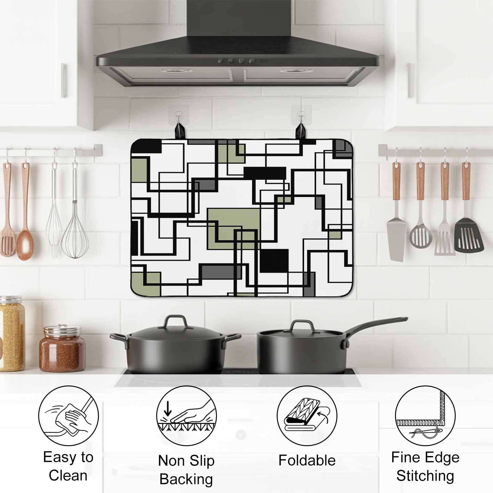 Sage Green Geometric Stove Top Cover for Electric Stove, Heat-proof & Non Slip Glass Top Stove Cover Protector, Simple Black Gray Abstract Striped Kitchen Flat Cooktop Rubber Mat 24x21 Inches