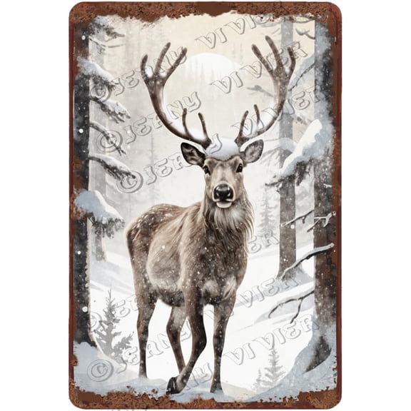 Winter Decor Reindeer Vintage Aluminum Sign Christmas Party Decorative Snowy Forest Nature Picture Cute Woodland Animal Wall Decor Nursery Wall Art 12x8 inches