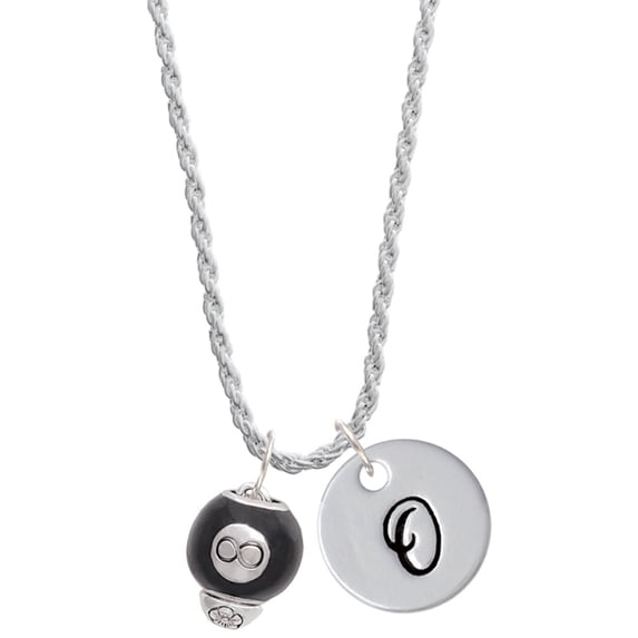 Delight Jewelry Silvertone Black 8 Ball Spinner Silvertone Script Initial Disc - O - Charm Necklace, 20"+3"
