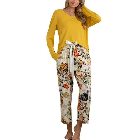 

UKAP Women Pajamas Set Girl Plain Color Tops Floral Pants Lounge Sets Home Wear Pajama Long Suit Female Clothing Set Nightwear