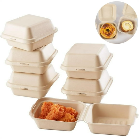 Scheam Natural Paper Pulp Take Out Food Containers Portable Clamshell To Go Boxes Square Cake Packing Box with Lid Compostable & Biodegradable for Lunch Dinner Picnic (Beige 20 Pcs)