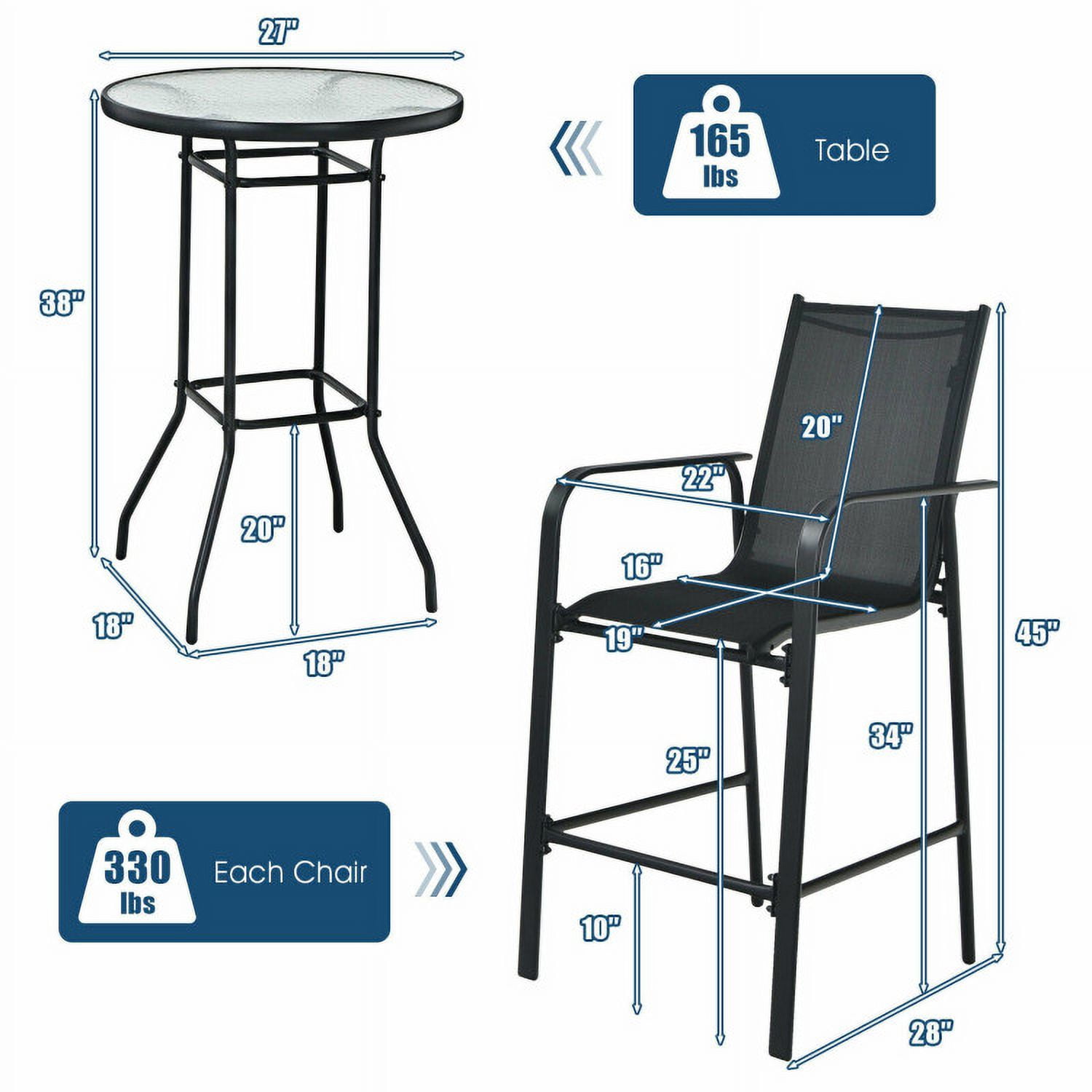 Aimee Lii 3 Pieces Outdoor Patio Bar Table Stool Set, Outdoor Patio Furniture, Black