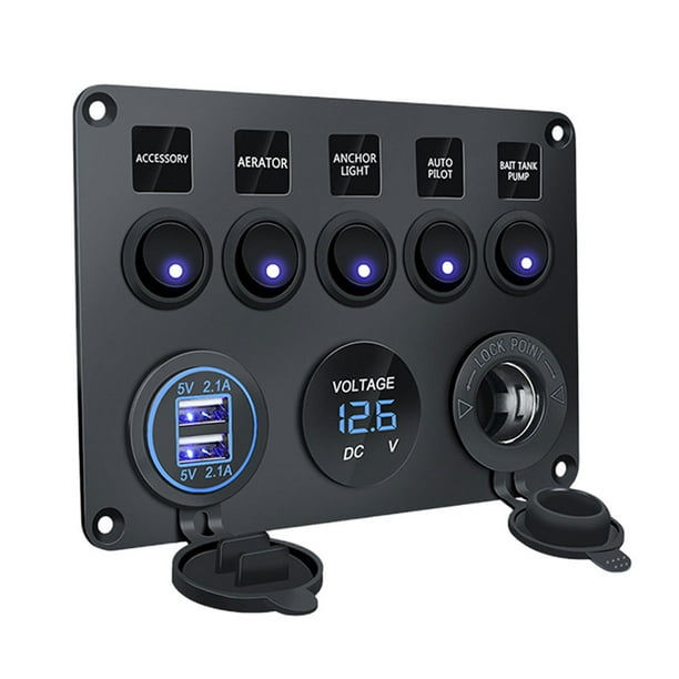 Voltímetro de interruptor de 5 bandas, panel de interruptor de palanca de 12 V para RV, camión, barco (azul) Ehuebsd Accesorios para autos y motos
