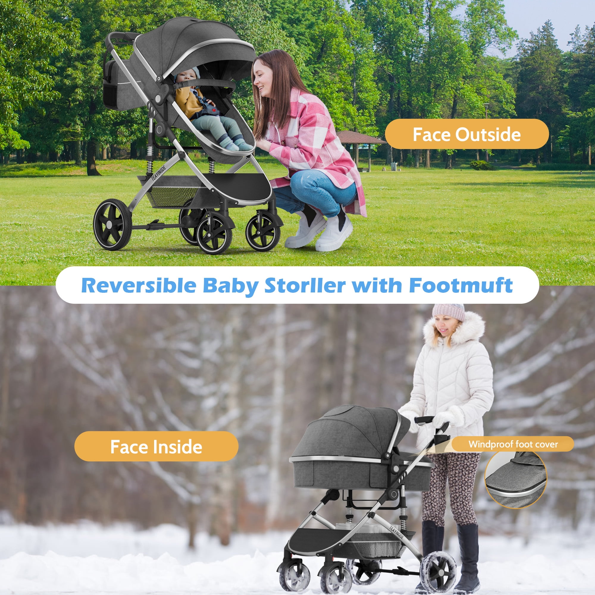 babyeap 2 in 1 Baby Stroller,Foldable Lightweight Carriage Reversible Bassinet Pram for Toddler,Travel Stroller with with Cup Holder、Storage Bag,Gray