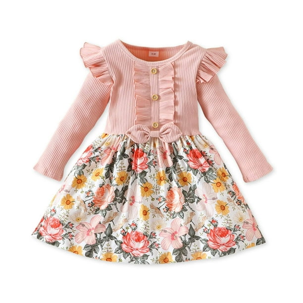 Popshion Toddler Girl Pink Floral Dress Long Sleeve Fall Winter Dresses ...