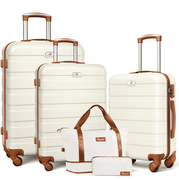 5 Piece Travel Luggage Sets,20/24/28 inch Lightweight Hardshell Carry-on and Checked Suitcase with Expandable Duffle Bags,White&Brown