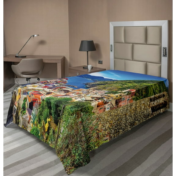 Ambesonne Colorful Flat Sheet, Scenic Vernazza Village, TwinXL Size, Cobalt Blue and Multicolor