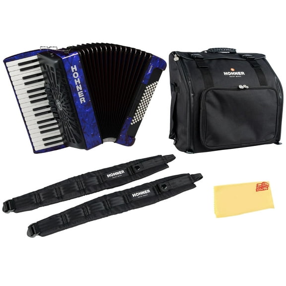 Hohner Bravo III 72 Chromatic Piano Key Accordion - Blue Bundle with Gig Bag, Adjustable Straps, and Austin Bazaar Polishing Cloth
