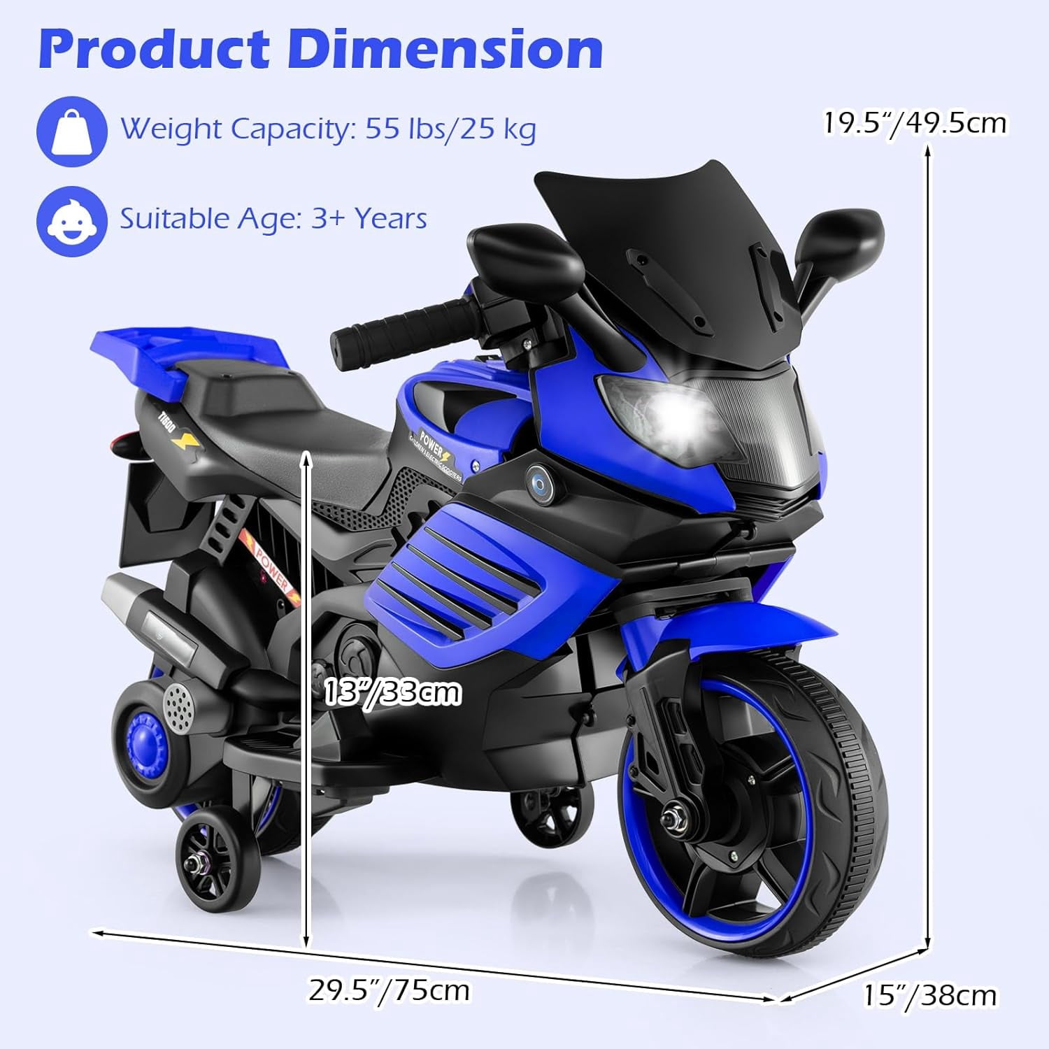 OLAKIDS 6V Kids Motorcycle with Training Wheels, Horn, Music, Headlight for Boys Girls Aged 3+ Years