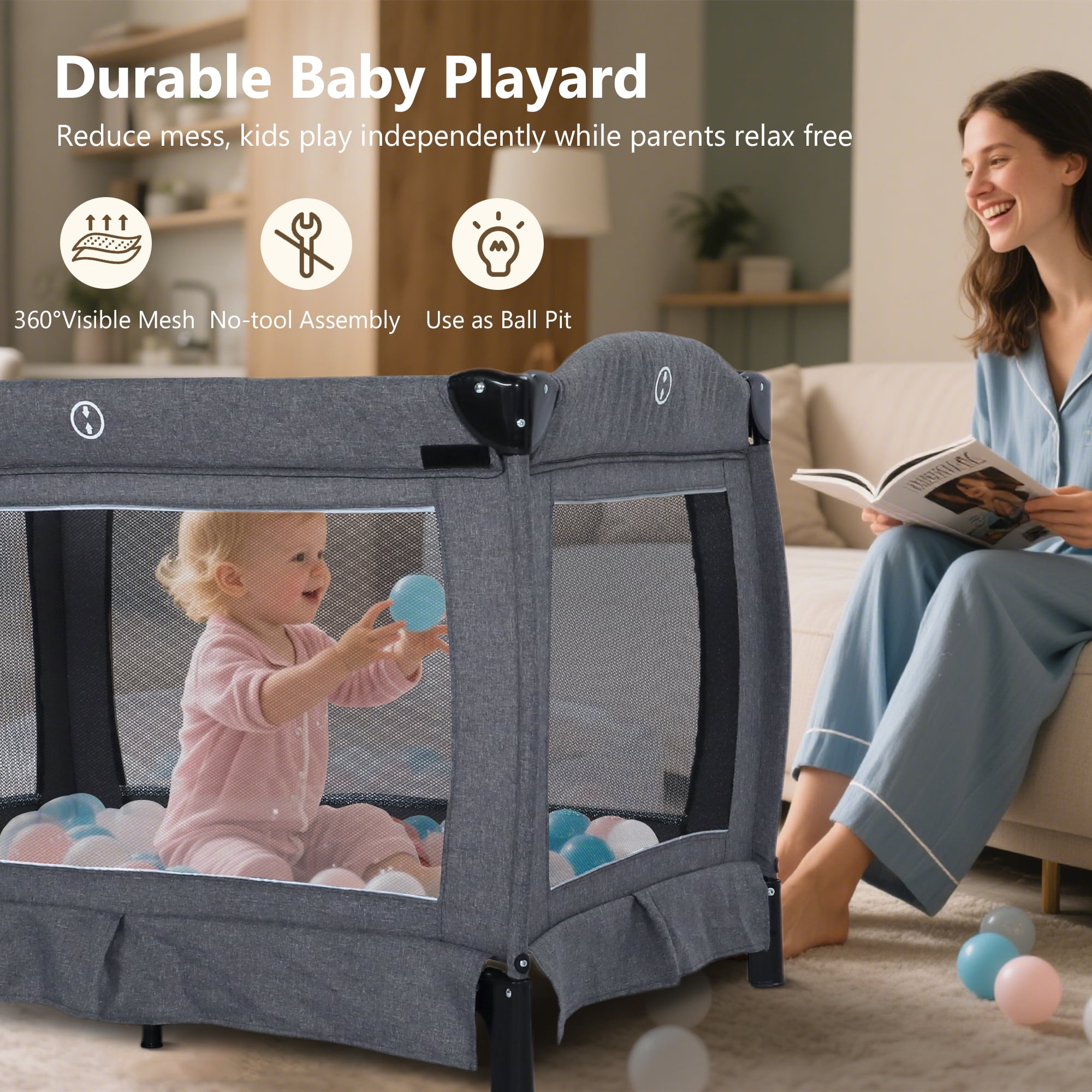 LINLUX Pack and Play w/ Bassinet & Changing Table, Baby Playard for Toddler, Newborn Crib Baby Bed,Gray