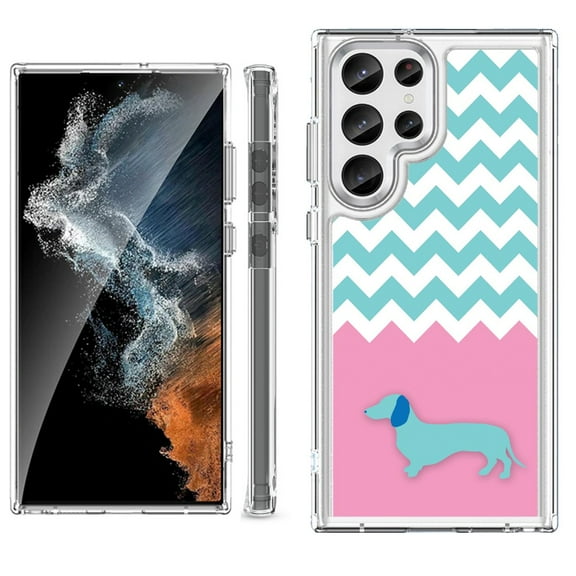 Shockproof Bumper Phone Case for Samsung Galaxy S23 Ultra 5G, by OneToughShield ® - Chevron/Dachshund/Puppy