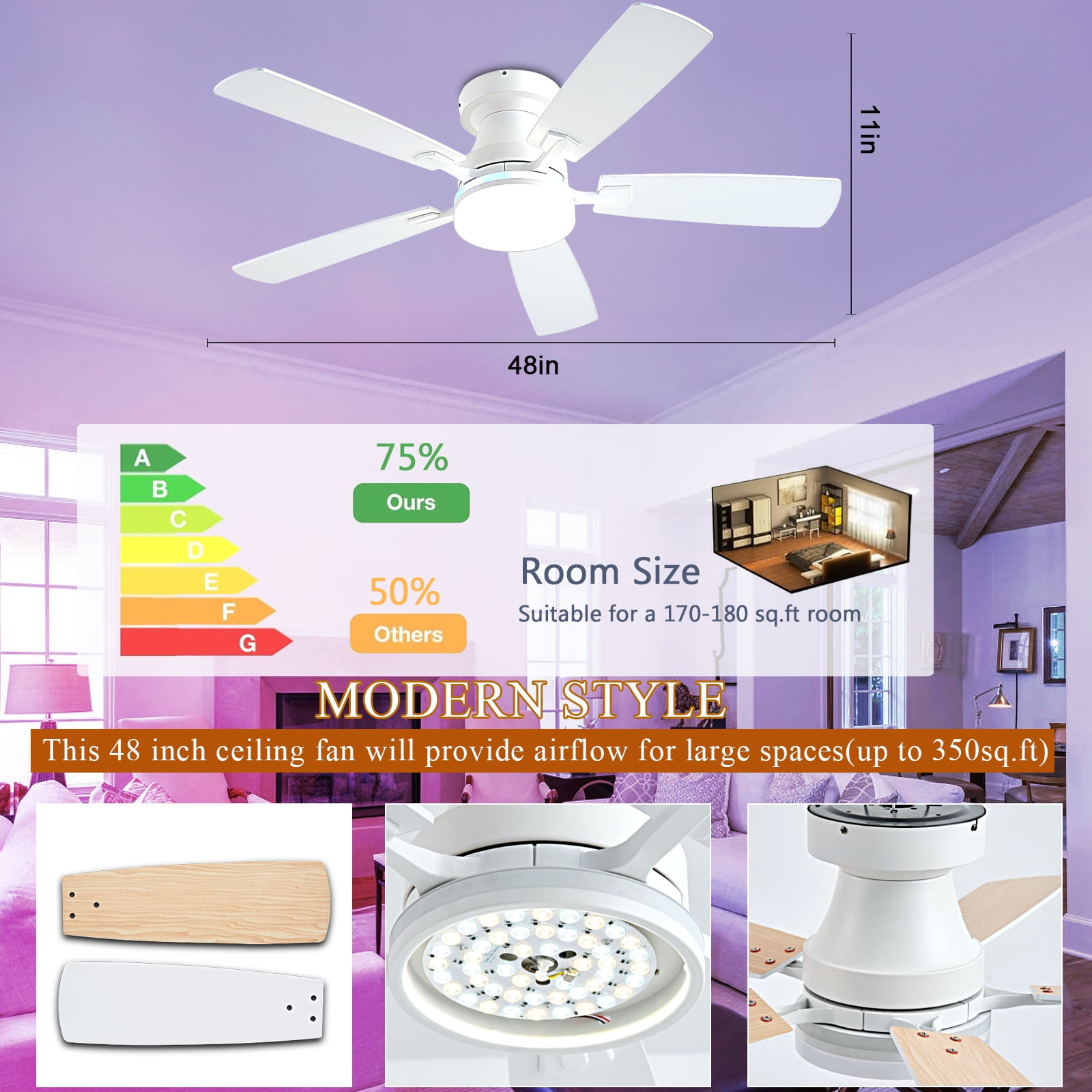 Ayaoty Ceiling Fans with Lights, 48 inch Low Profile Ceiling Fan with Light and Remote Control, Flush Mount RGB Dimmable Light, Noiseless, White Ceiling Fan for Bedroom Indoor/Outdoor Use