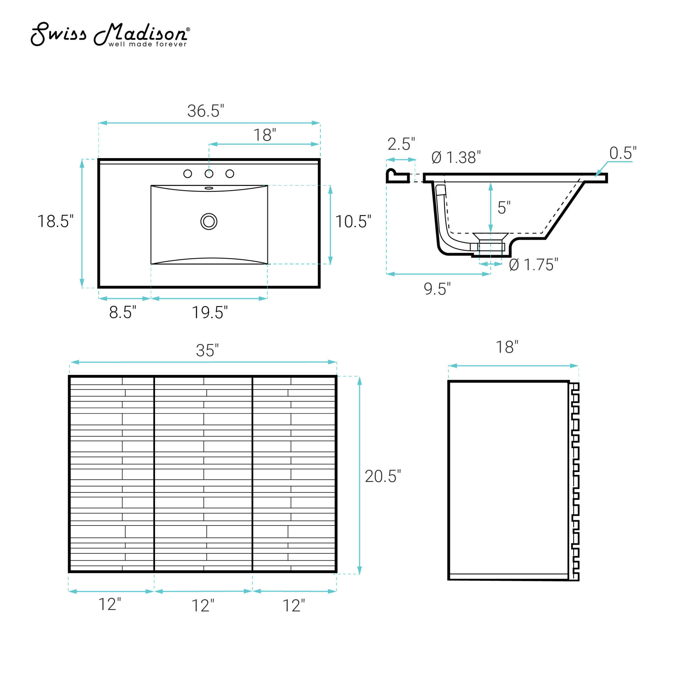 Cascade 36" Wall-Mounted Bathroom Vanity in White Oak with 3-Hole Widespread Sink Top