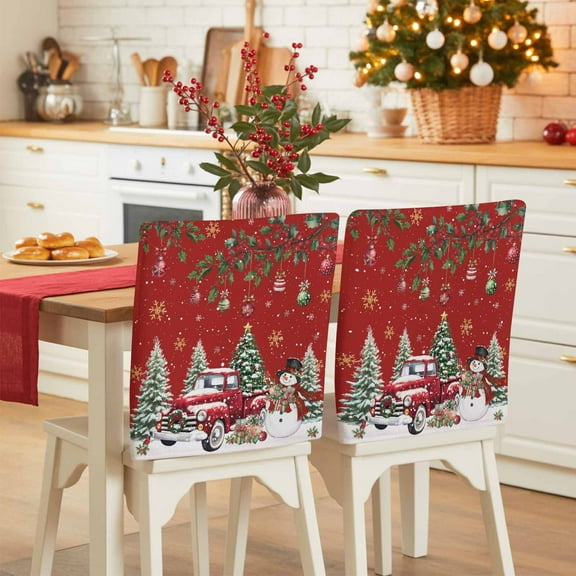 Red Christmas Chair Covers Set of 1 Xmas Snowman Truck Snowflake Tree Balls Chair Back Covers Stretch Removable Washable Slipcovers Protector for Dining Room Kitchen Party Decor