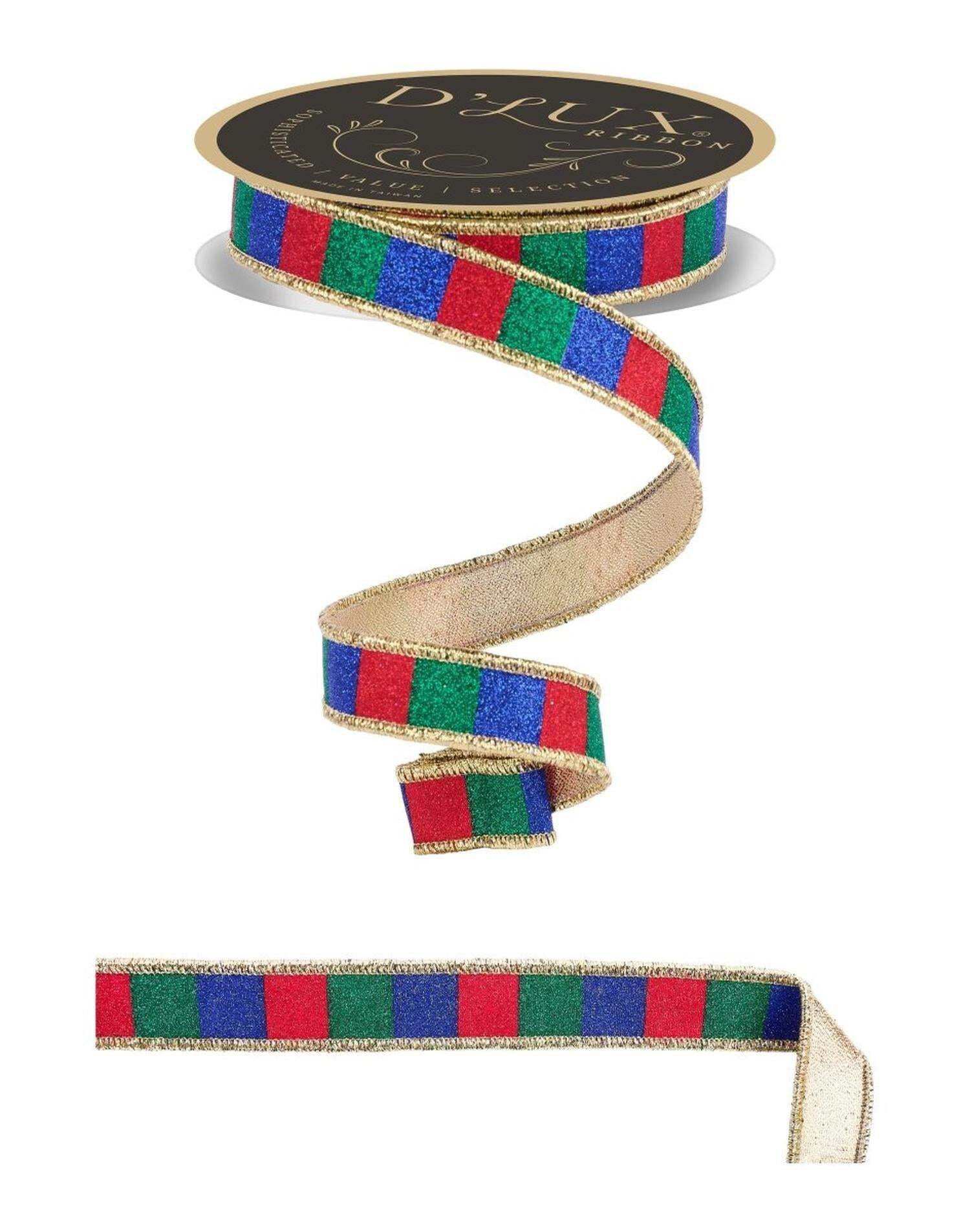 1.5in Glitter Stripe Ribbon: Red, Blue and Green (10 Yards)