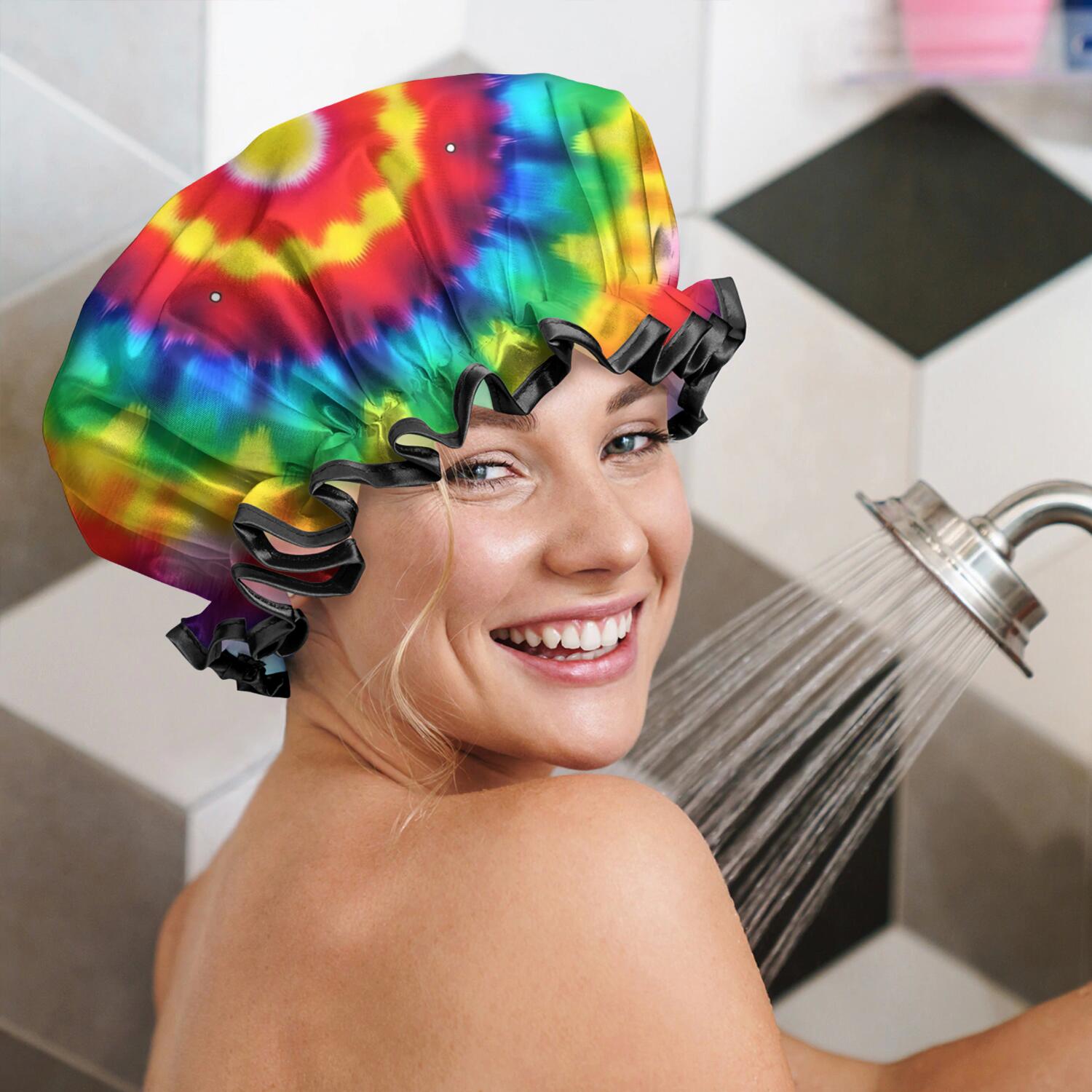 Shower Caps,Rainbow Tie Dye Circular Pattern Waterproof Shower Cap for Women 4 Pieces,Double Reusable Hair Cover for Shower PEVA Elastic Stretch Hem