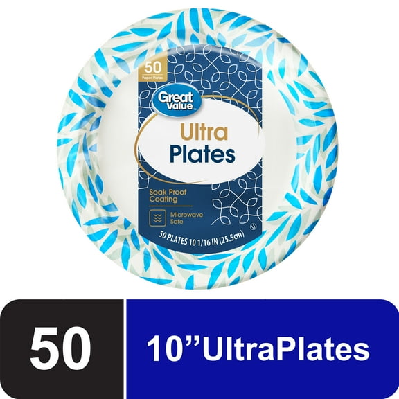 Great Value Ultra Disposable Paper Dinner Plates, White, 10 inch, 50 Plates, Patterned