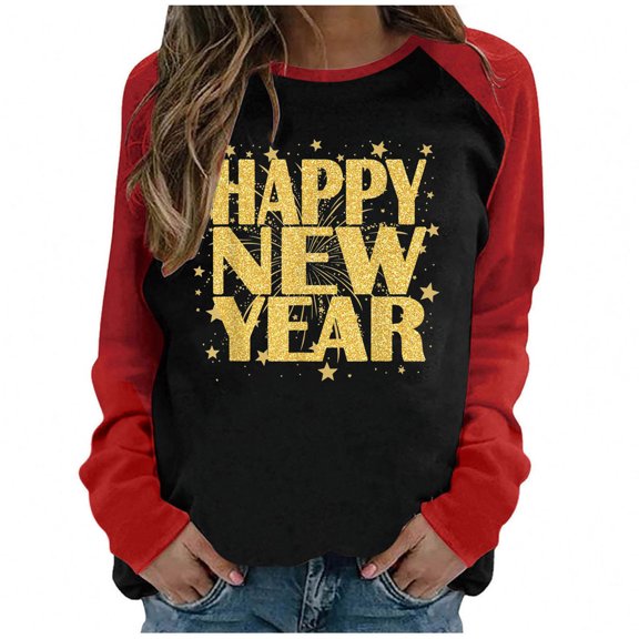 Penkiiy Happy New Year Women's Classic New Year Print Round Neck Long Sleeve Loose Round Neck Tops XL Black