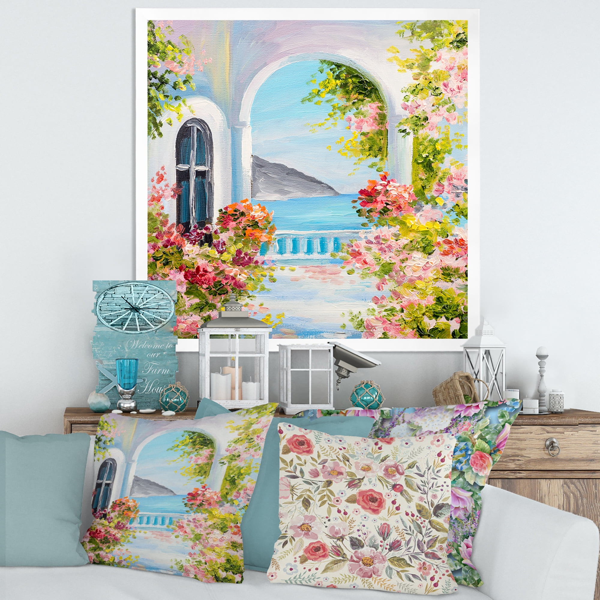 Designart 'Pink Flowers With Traditional Greek House' Nautical & Coastal Framed Art Print