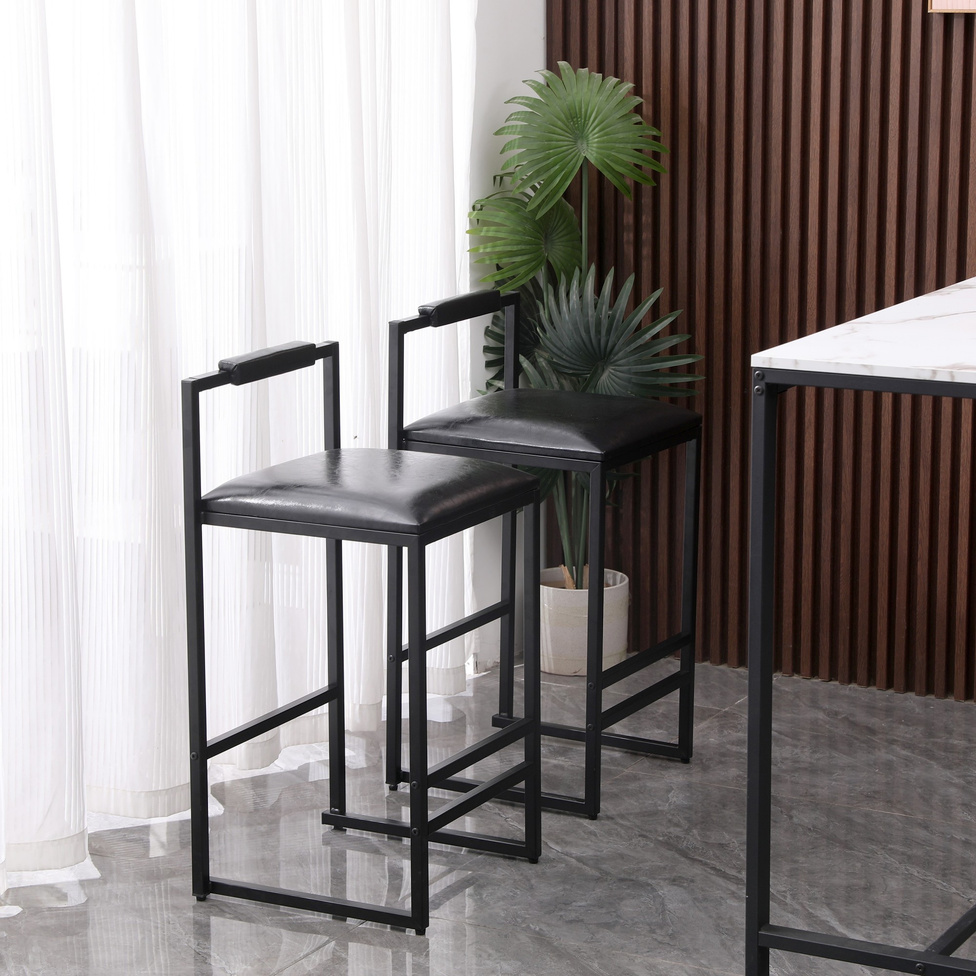 Bar Stools Set of 2,Counter Height Bar Stools with Back and Footrest,PU Upholstered,Rustic Black