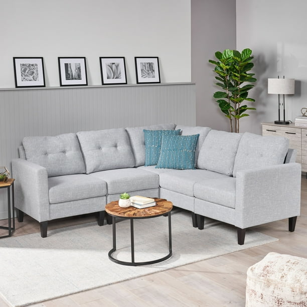 Noble House Arriah Mid Century Modern Sectional Sofa Set, Gray Tweed