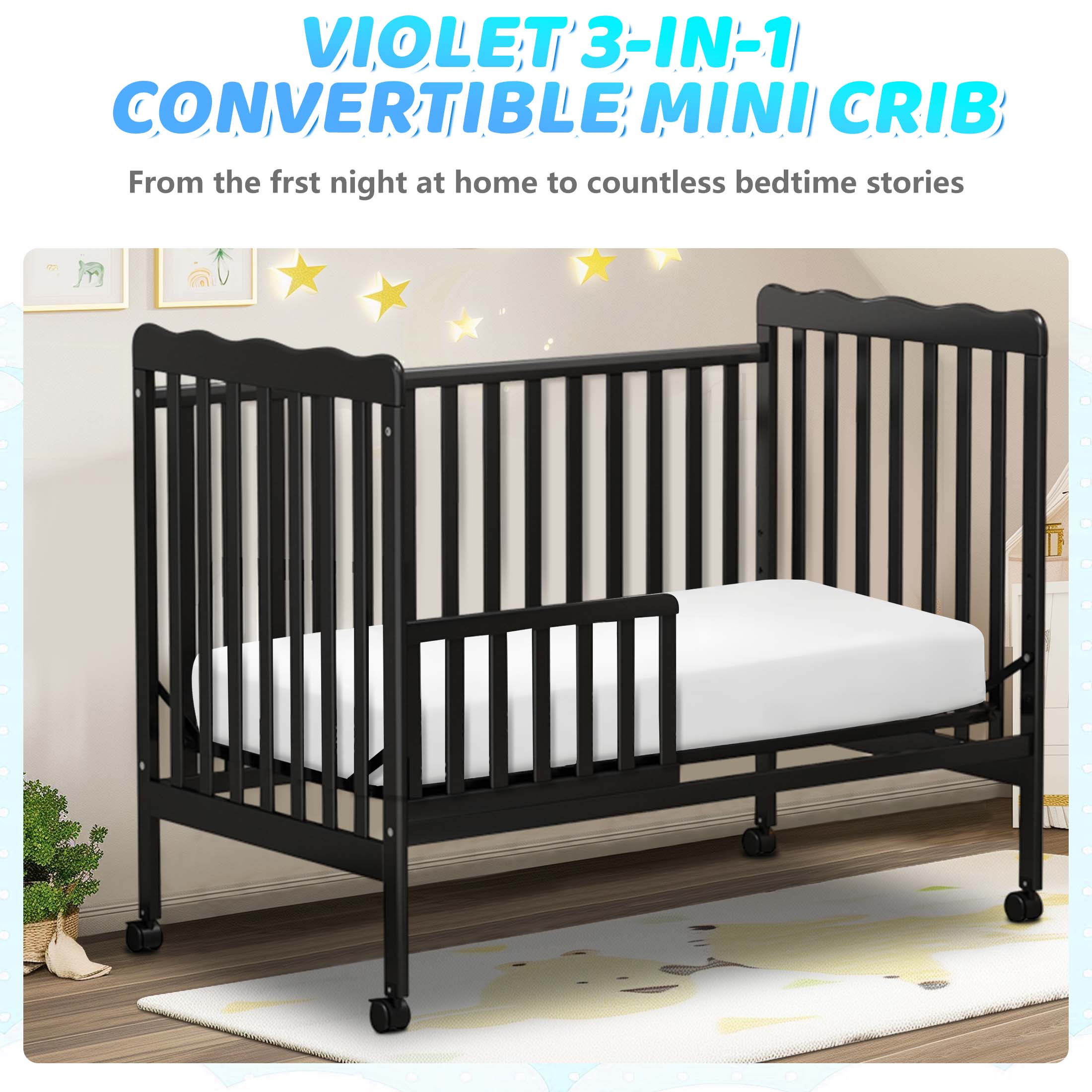 Sesslife 3-In-1 Convertible Crib, Black Baby Bed with Locking Wheels, Converts from Baby Crib to Toddler Bed, Fits Standard Full-Size Crib Mattress(Not Included)
