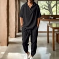 thumbnail image 2 of Men's Beach Outfit 2 Piece Linen Casual Button Down Henley Shirt Short Sleeve Loose Drawstring Hoodie and Harem Pants Vacation Sets for Men Size 3XL Black, 2 of 9