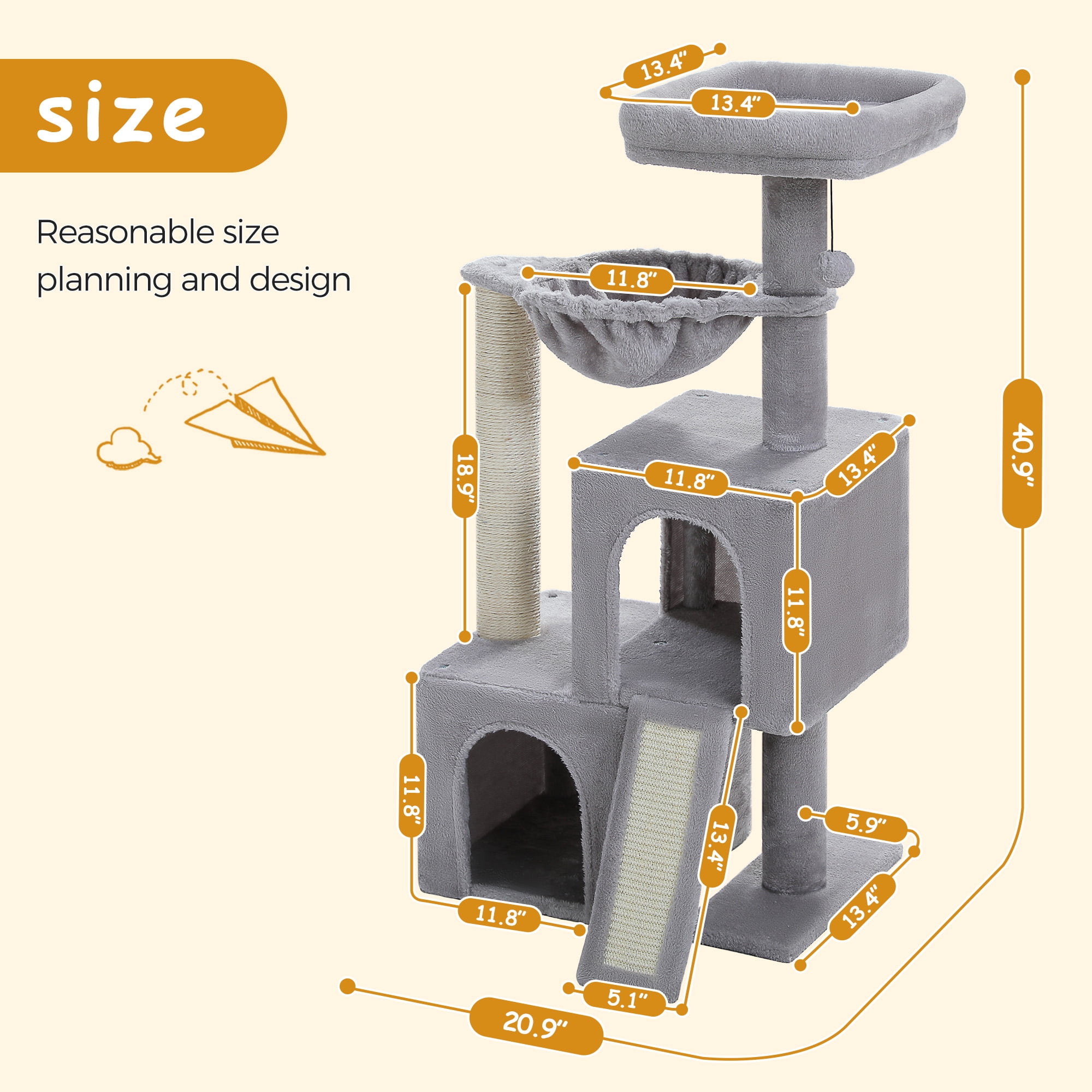 PAWZ Road 41" Cat Tree Condo with Hamock, Cat Scratcing Post Tower Ramp for Indoor Cats, Gray
