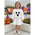 thumbnail image 4 of RUINIXCW Kids Girl Halloween Outfit Smiling Eyelashes Embroidery Long Sleeves Plush Sweatshirt and Mini Skirt 2 Pcs Set, 4 of 7