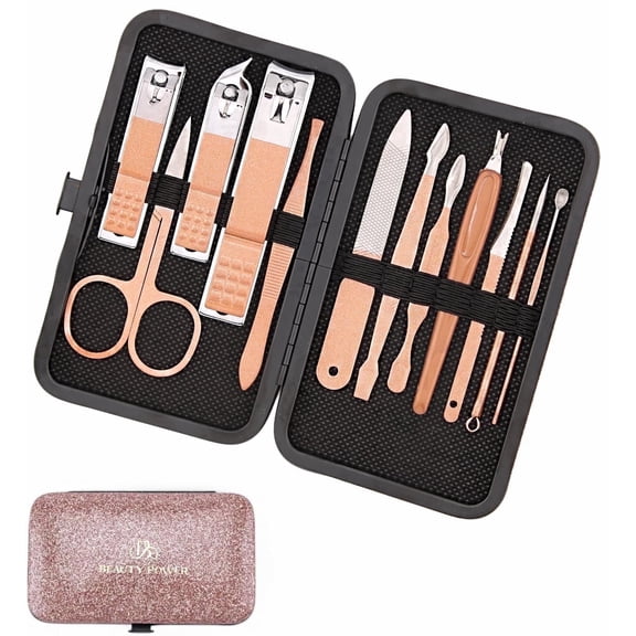 Beauty Power 12-Piece Manicure Pedicure Set - Rose Gold Glitter Case - Nail Clippers, File & Cuticle Tools (Pink)