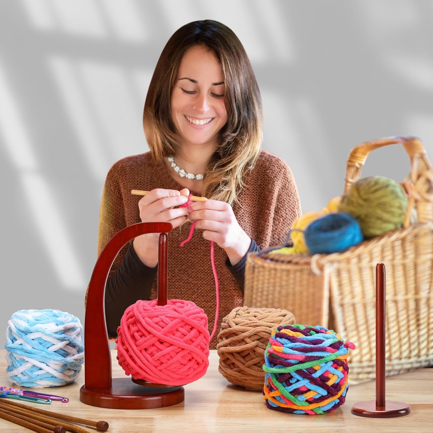 Artowell Magnetic Yarn Holder Spinner – Bamboo Yarn Stand for Knitting & Crochet, Eco-Friendly Organizer (Mahogany, Plus Size)