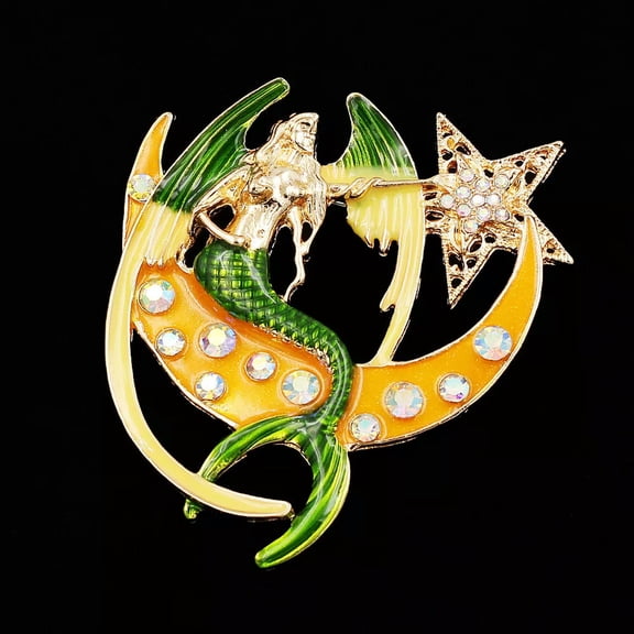 QQTDFG Womens Jewelry Enamel Crystal Rhinestone Moon Mermaid Catch Star Brooch Pin Gift-default