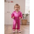 thumbnail image 6 of RUINIXCW Toddler Baby Girl Silk Stain Pajamas Newborn Infant Baby Girls Romper One Piece Spring Fall Sleepwear Lapel V Neck Fuzzy Trim Long Sleeve Button Up Jumpsuit Homewear, 6 of 9