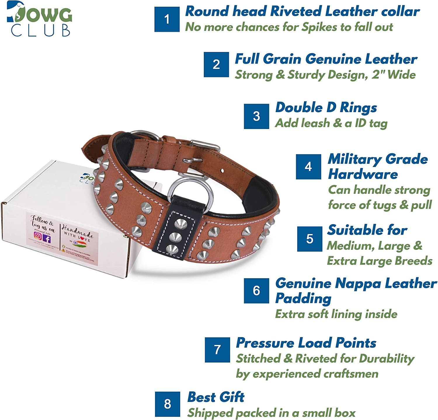 DowgClub | Genuine Leather Dog Collar with Riveted Spikes | Saddle Grade, Full Grain, Heavy Duty | Comfortable, Cushion Padding Inside, Strong | Best for Medium, Large, XL Breeds