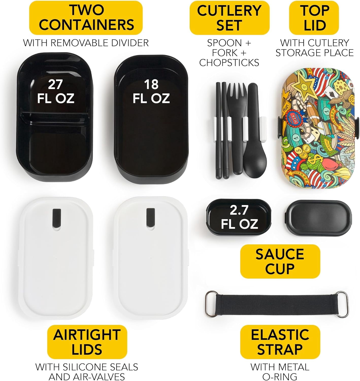 Insulated Stackable Bento Box for Adults - Leak-Proof, Microwavable Japanese Lunch Box with Reusable Chopsticks, Multi-Compartment Food Container for Men & Women (Black)