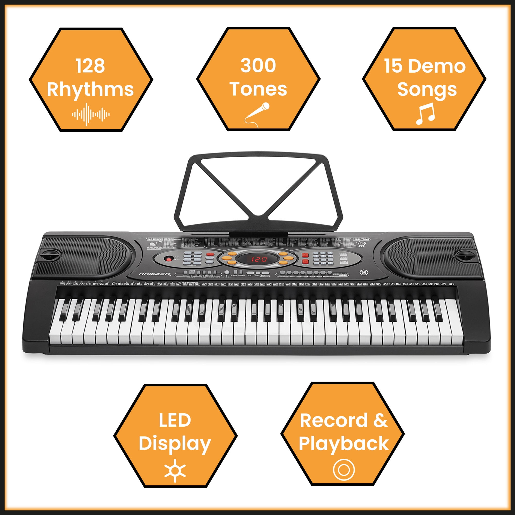 Hamzer 61-Key Electronic Keyboard Digital Music Piano with H-Stand and Padded Stool