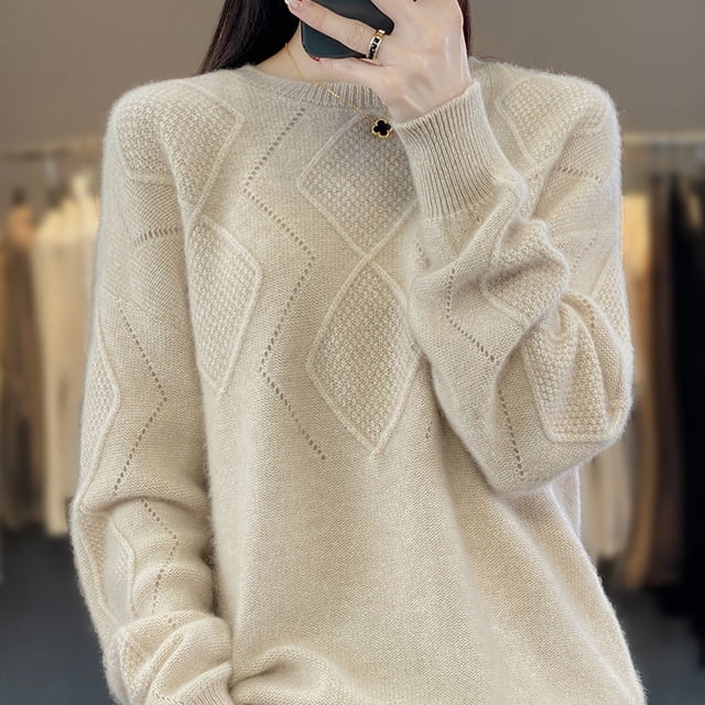 Suéter de mujer de estilo occidental que combina con todo de otoño, suéter de color sólido con cuello redondo y huecos de diamantes