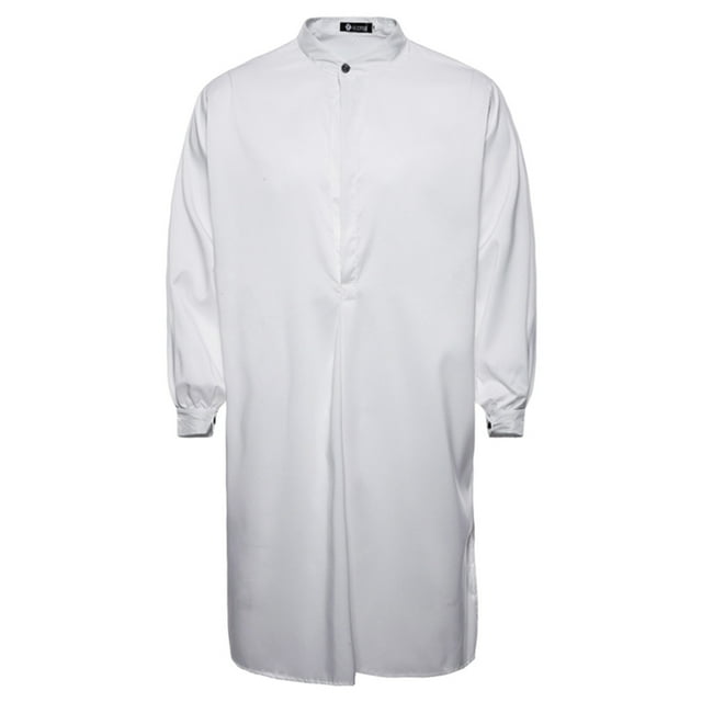 Penkiiy Long Shirt for Men Men's Muslim Robe Arab Middle Robe Long Style Long Sleeve Standing Neck Pocket Long Shirt Fashion Casual Robe White Shirts