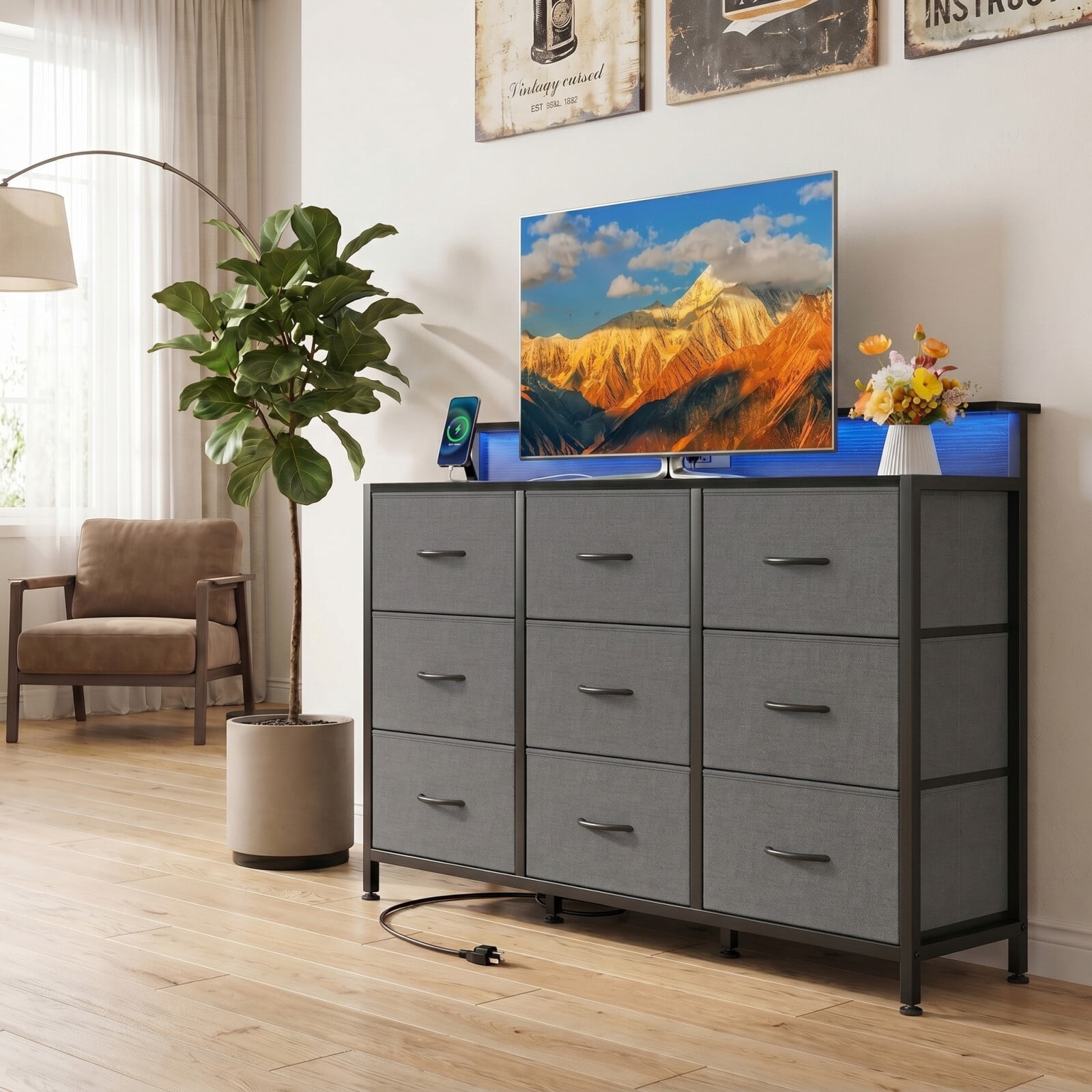 BEAUTYPEAK TV Stand Dresser with 9 Fabric Drawers LED Light AC USB-C Charging Station, Gray