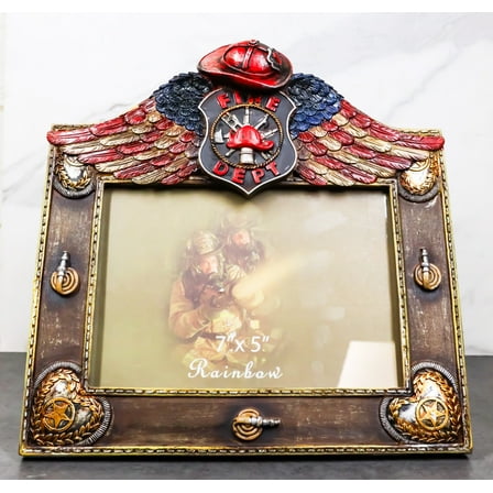 Fire Department Fireman Helmet Hose And USA Flag Angel Wings 5"X7" Picture Frame