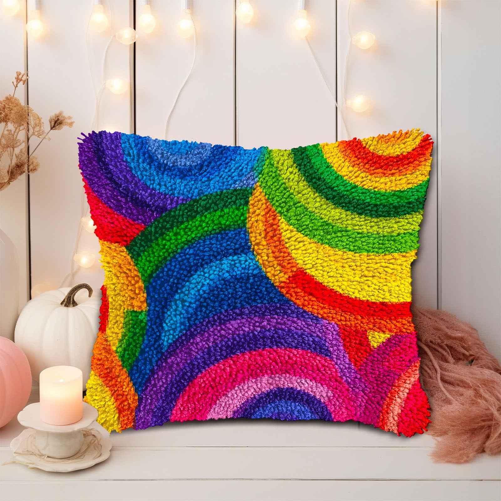 DIY Latch Hook Pillow Kits for Adults Rainbow Circles Printed Pillowcase Crochet Yarns Hooking Handmade Pillow Cover Cushion for Home Sofa Decoration 17x17inch-1