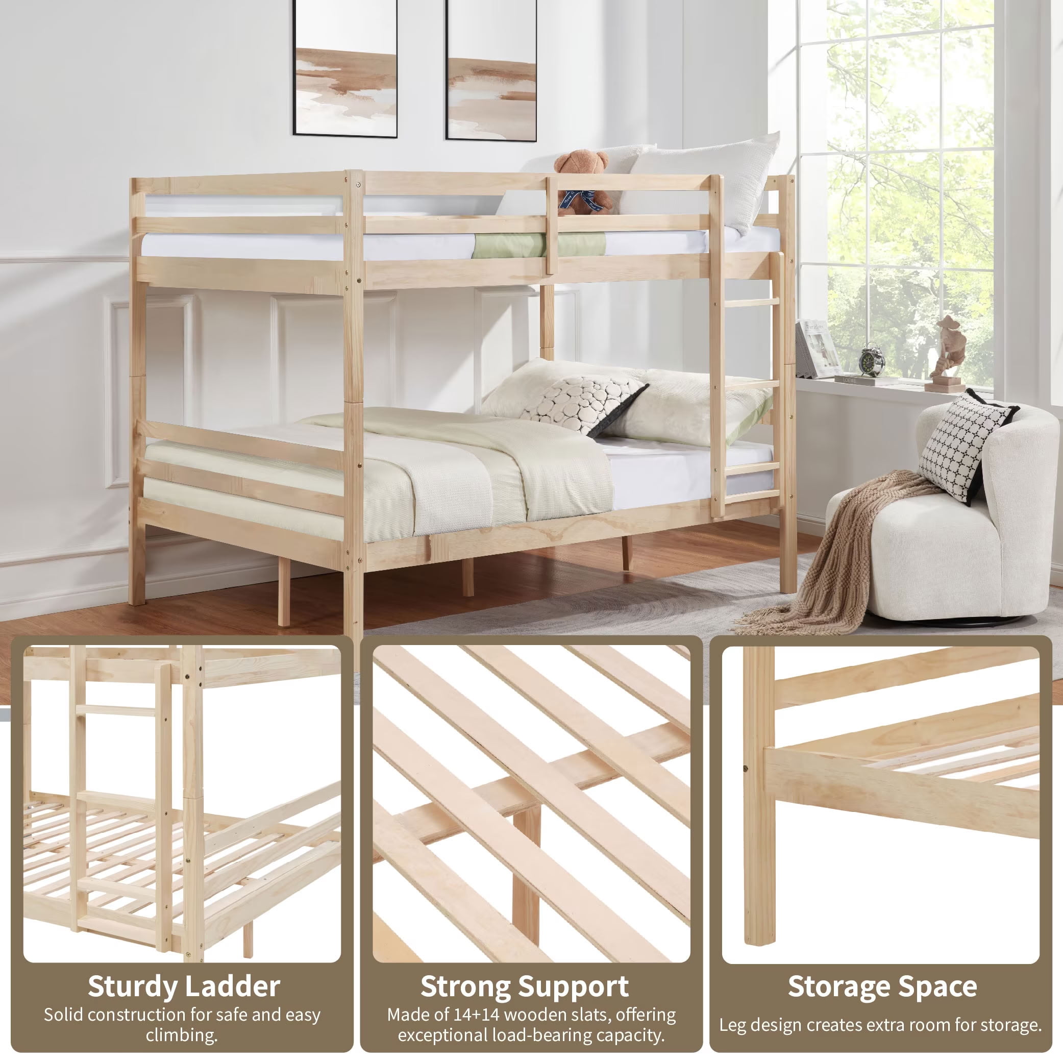 MAYEERTY Full over Full Bunk Bed with Ladder and High Guardrail, Solid Wood Bed Frame, Space-Saving for Kids Teens Dorm Rooms Guest Rooms, No Box Spring Needed