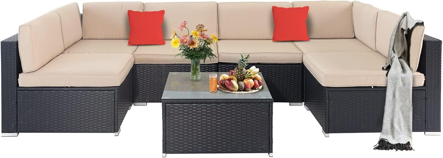 SOLAURA 7-Piece Outdoor Patio Furniture Set Black Wicker Rattan Sectional Sofa, Brown