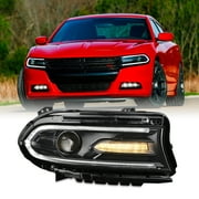 AKKON - Fits 2015-2018 Dodge Charger LED DRL Running [Halogen Type] Projector Black Headlight Passenger w/ No Side Logo
